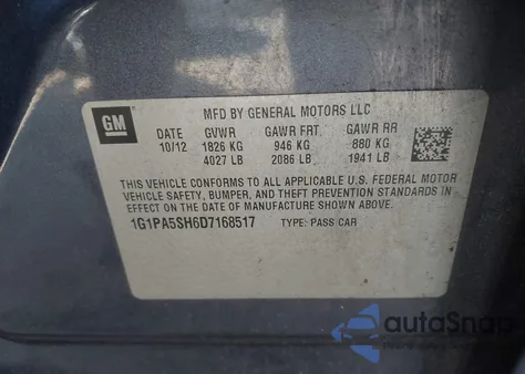 2013 Chevrolet Cruze Ls Auto from USA, damaged, VIN 1G1PA5SH6D7168517